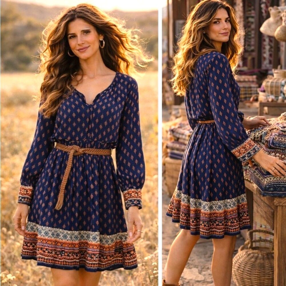Boho Artisan L Mini Dress Blue Sapphire Print Rayon Mini Flowy Festival Prairie